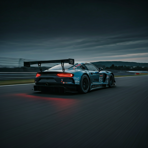 Rennwagen auf der Rennstrecke bei Dämmerung – dynamische Motorsport-Ästhetik